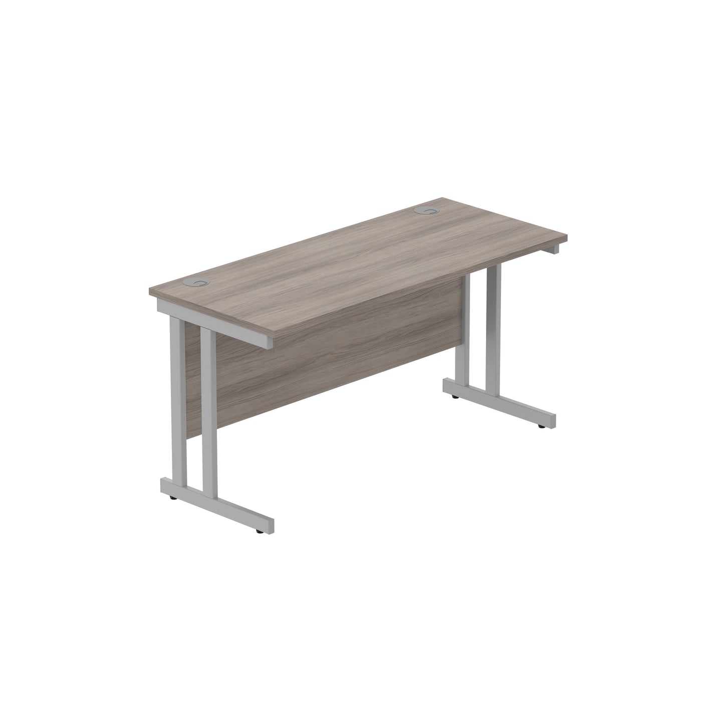 OFFICE RECTANGULAR DESK WITH STEEL DOUBLE UPRIGHT CANTILEVER FRAME | 1400X600 | ALASKAN GREY OAK/SILVER
