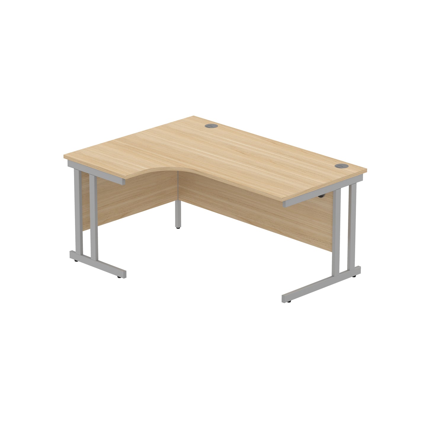 OFFICE LEFT HAND CORNER DESK WITH STEEL DOUBLE UPRIGHT CANTILEVER FRAME | 1600X1200 | CANADIAN OAK/SILVER