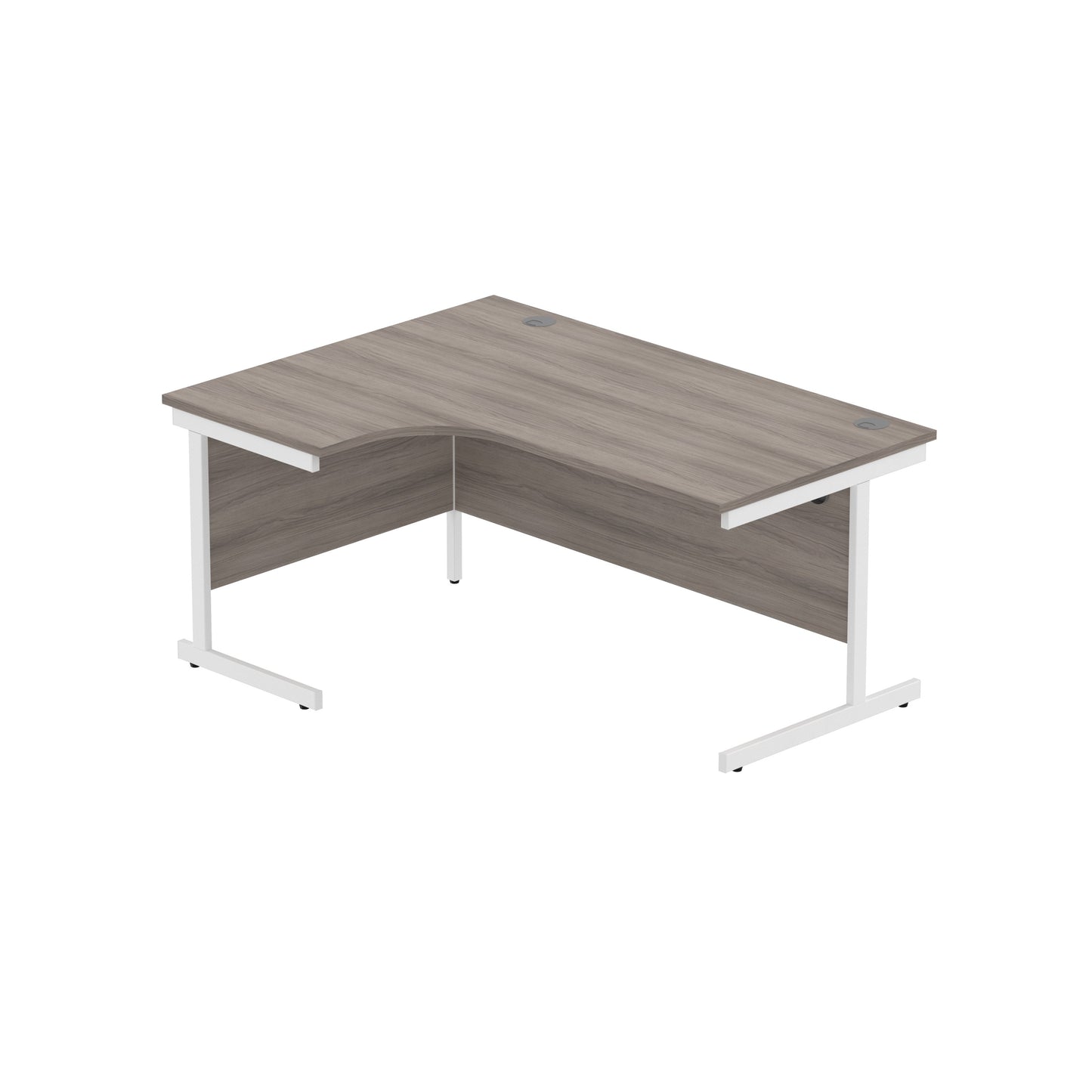 OFFICE LEFT HAND CORNER DESK WITH STEEL SINGLE UPRIGHT CANTILEVER FRAME | 1600X1200 | ALASKAN GREY OAK/WHITE