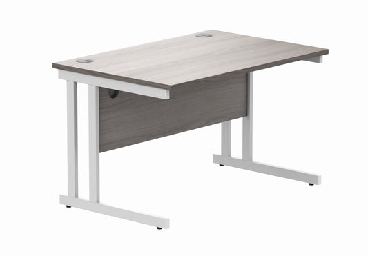 OFFICE RECTANGULAR DESK WITH STEEL DOUBLE UPRIGHT CANTILEVER FRAME | 1200X800 | ALASKAN GREY OAK/WHITE