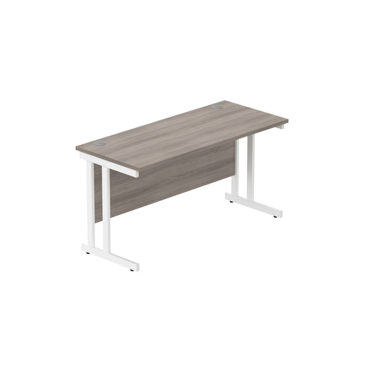 OFFICE RECTANGULAR DESK WITH STEEL DOUBLE UPRIGHT CANTILEVER FRAME | 1400X600 | ALASKAN GREY OAK/WHITE