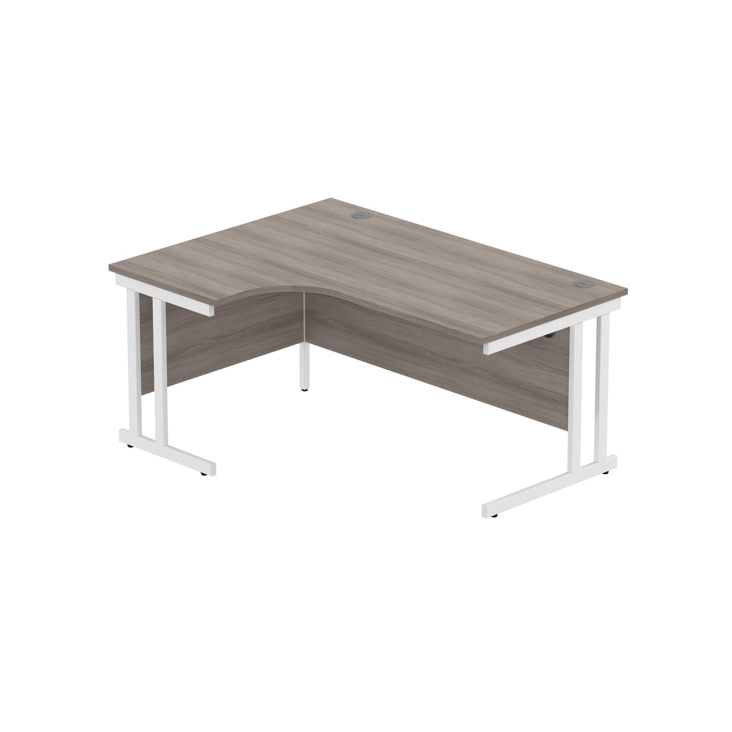 OFFICE LEFT HAND CORNER DESK WITH STEEL DOUBLE UPRIGHT CANTILEVER FRAME | 1600X1200 | ALASKAN GREY OAK/WHITE