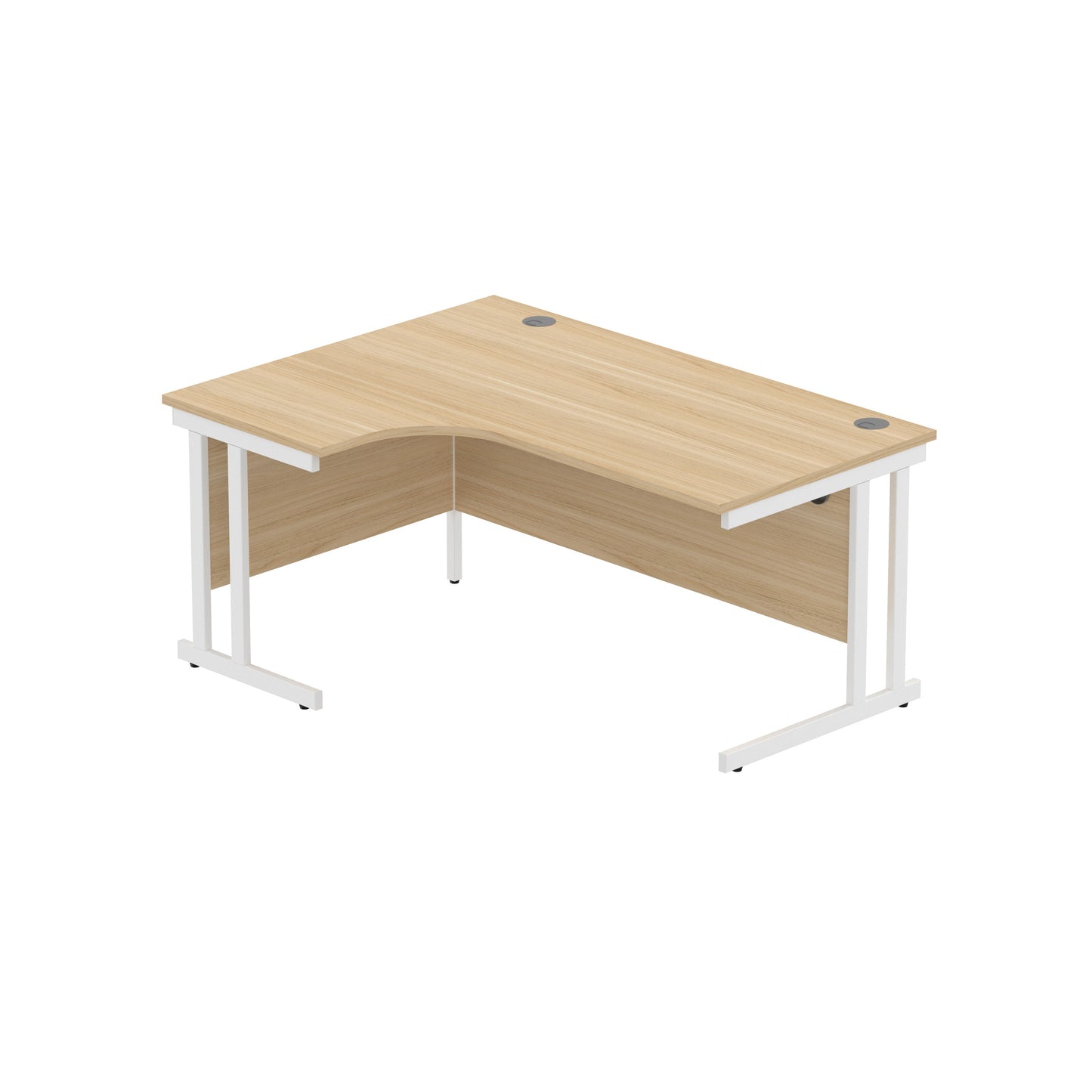 OFFICE LEFT HAND CORNER DESK WITH STEEL DOUBLE UPRIGHT CANTILEVER FRAME | 1600X1200 | CANADIAN OAK/WHITE