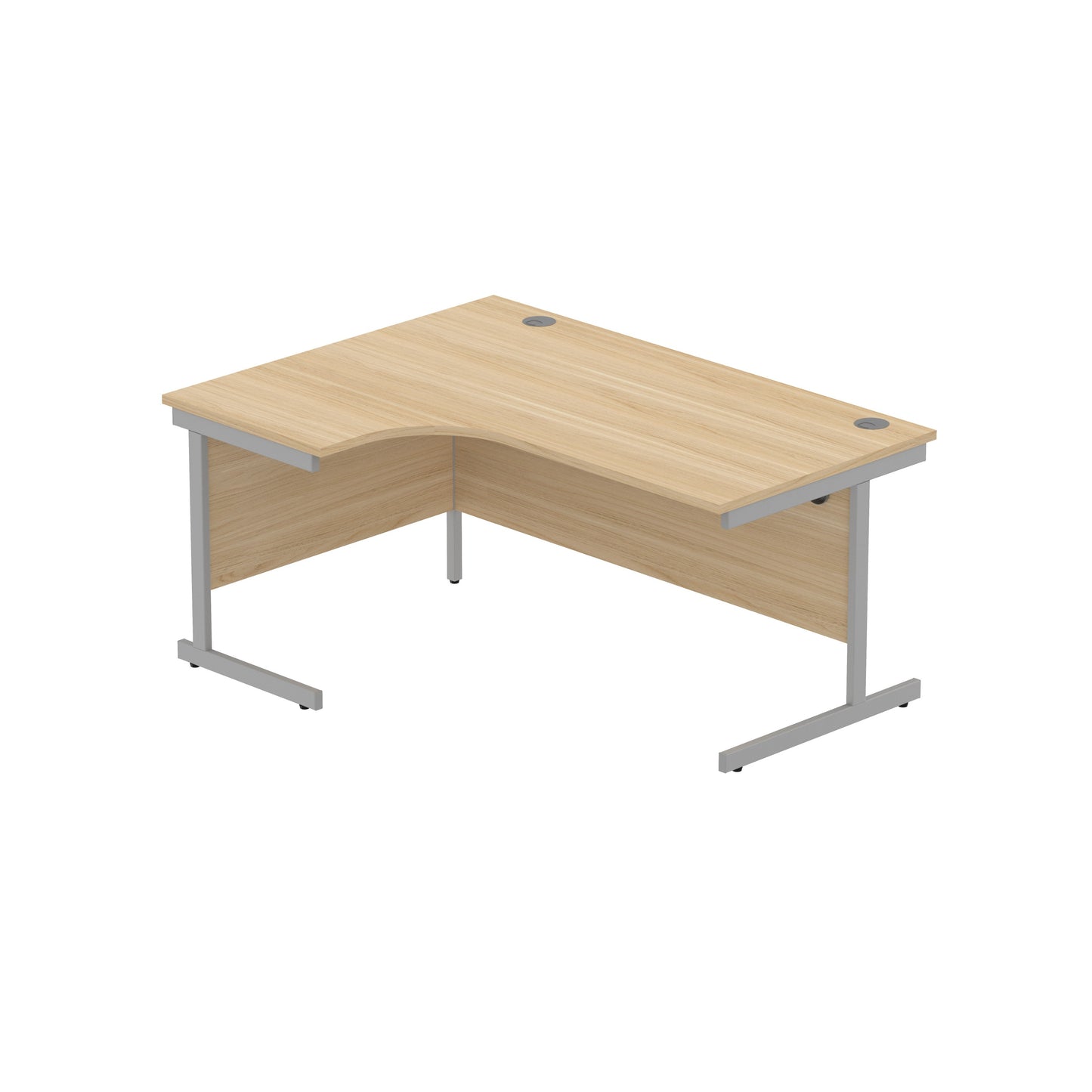 OFFICE LEFT HAND CORNER DESK WITH STEEL SINGLE UPRIGHT CANTILEVER FRAME | 1600X1200 | CANADIAN OAK/SILVER